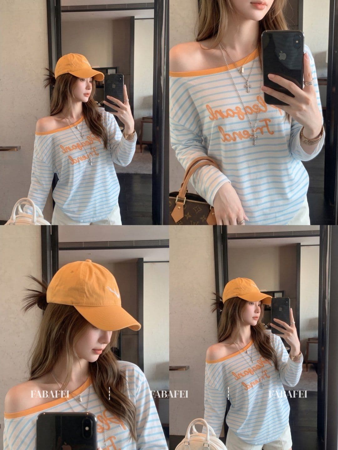 느긋한 바람 비스듬한 어깨 스트라이프 긴팔 티셔츠 알파벳 자수 루즈핏 슬림해 보이는 맨위 가을 상세 이미지 7