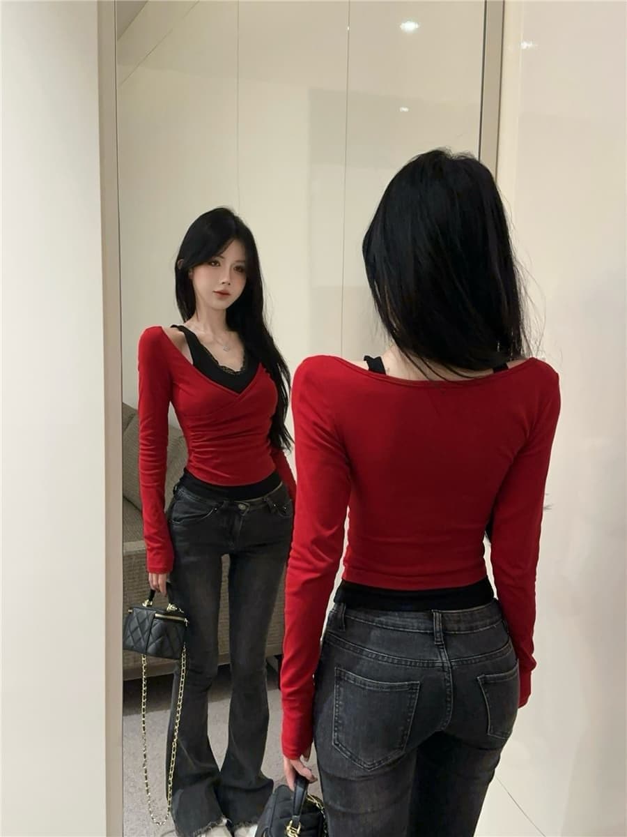 220 그램 순수한 욕망 바람 페이크 레이어드 긴팔 기본 셔츠 봄 가을 작은 키 몸매 가꾸기 슬림해 보이는 맨위 상세 이미지 2