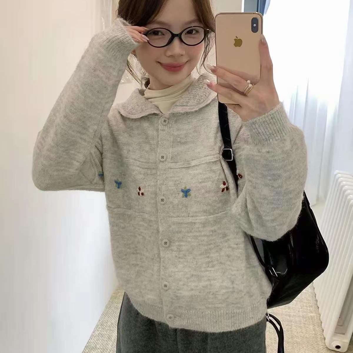 한 부서 연령 감소 달콤함 자수 쇼트 스타일 작은 폴로 칼라 스웨터 오픈 가디건 여성 루즈핏 봄 가을 겨울 니트 맨위 재킷 두꺼움 이미지 5