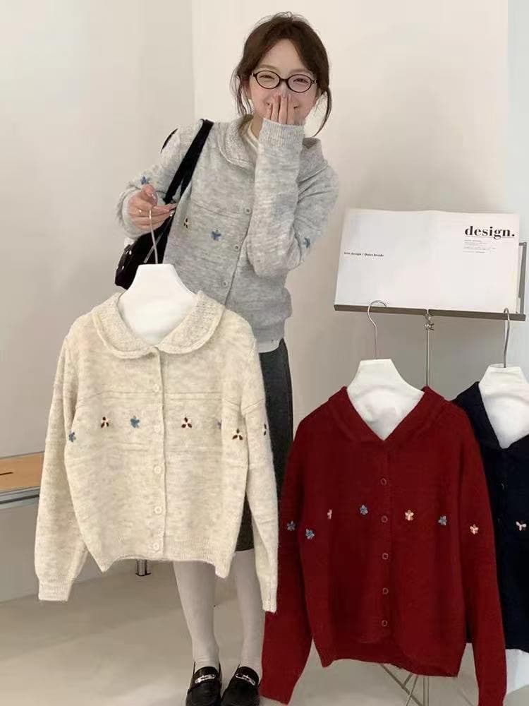 한 부서 연령 감소 달콤함 자수 쇼트 스타일 작은 폴로 칼라 스웨터 오픈 가디건 여성 루즈핏 봄 가을 겨울 니트 맨위 재킷 두꺼움 상세 이미지 1