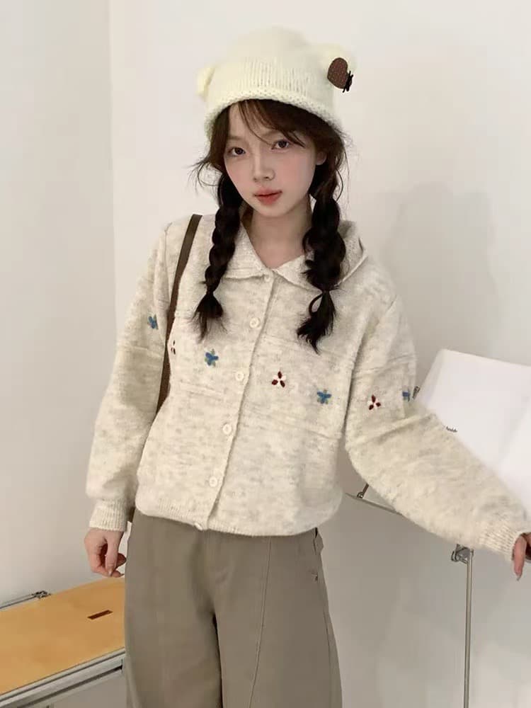 한 부서 연령 감소 달콤함 자수 쇼트 스타일 작은 폴로 칼라 스웨터 오픈 가디건 여성 루즈핏 봄 가을 겨울 니트 맨위 재킷 두꺼움 상세 이미지 2