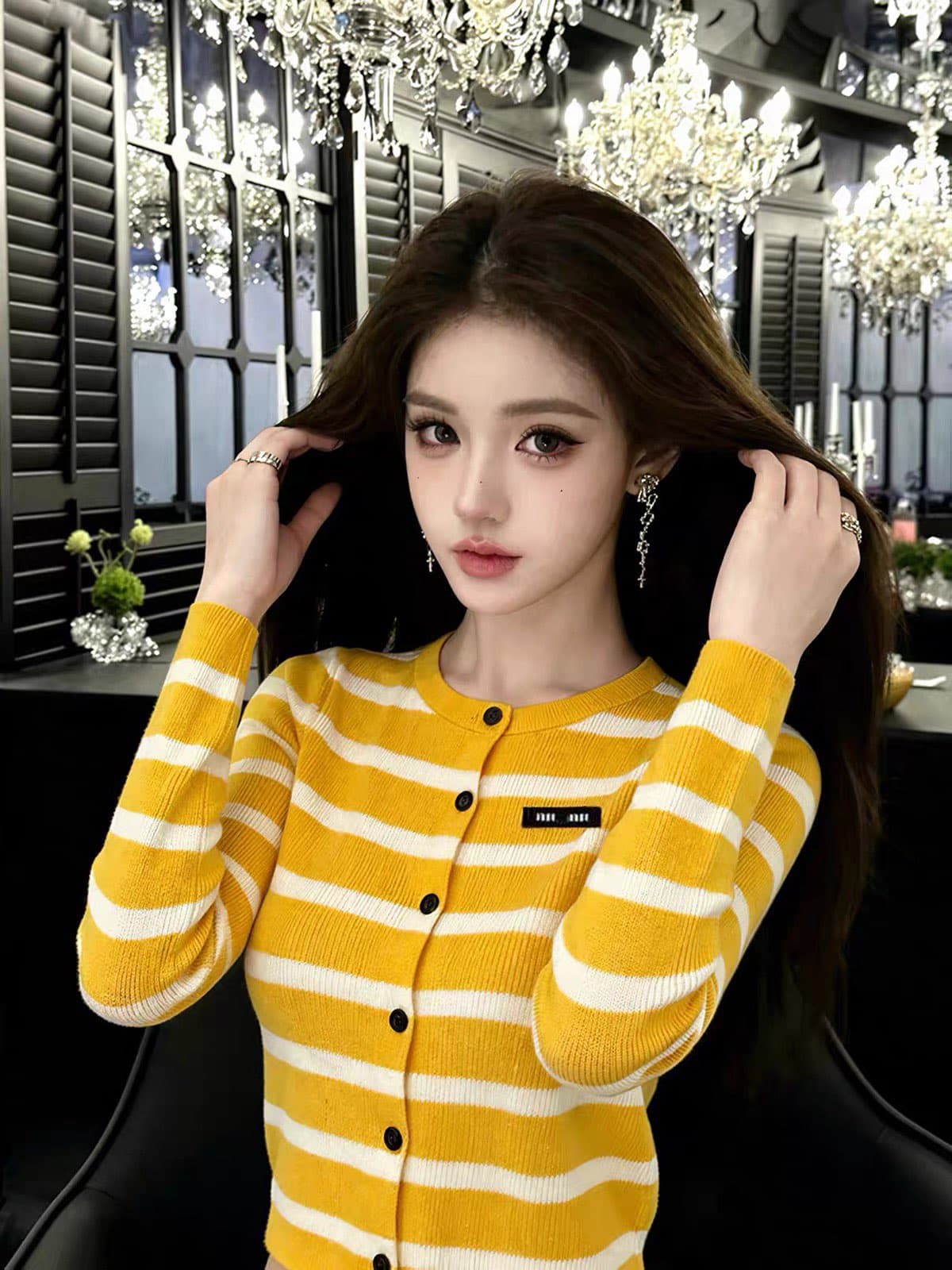 출퇴근 바람 라운드 넥 황색 스트라이프 니트 오픈 가디건 여성 이른 가을 긴팔 몸매 가꾸기 슬림해 보이는 품격 맨위 상세 이미지 2