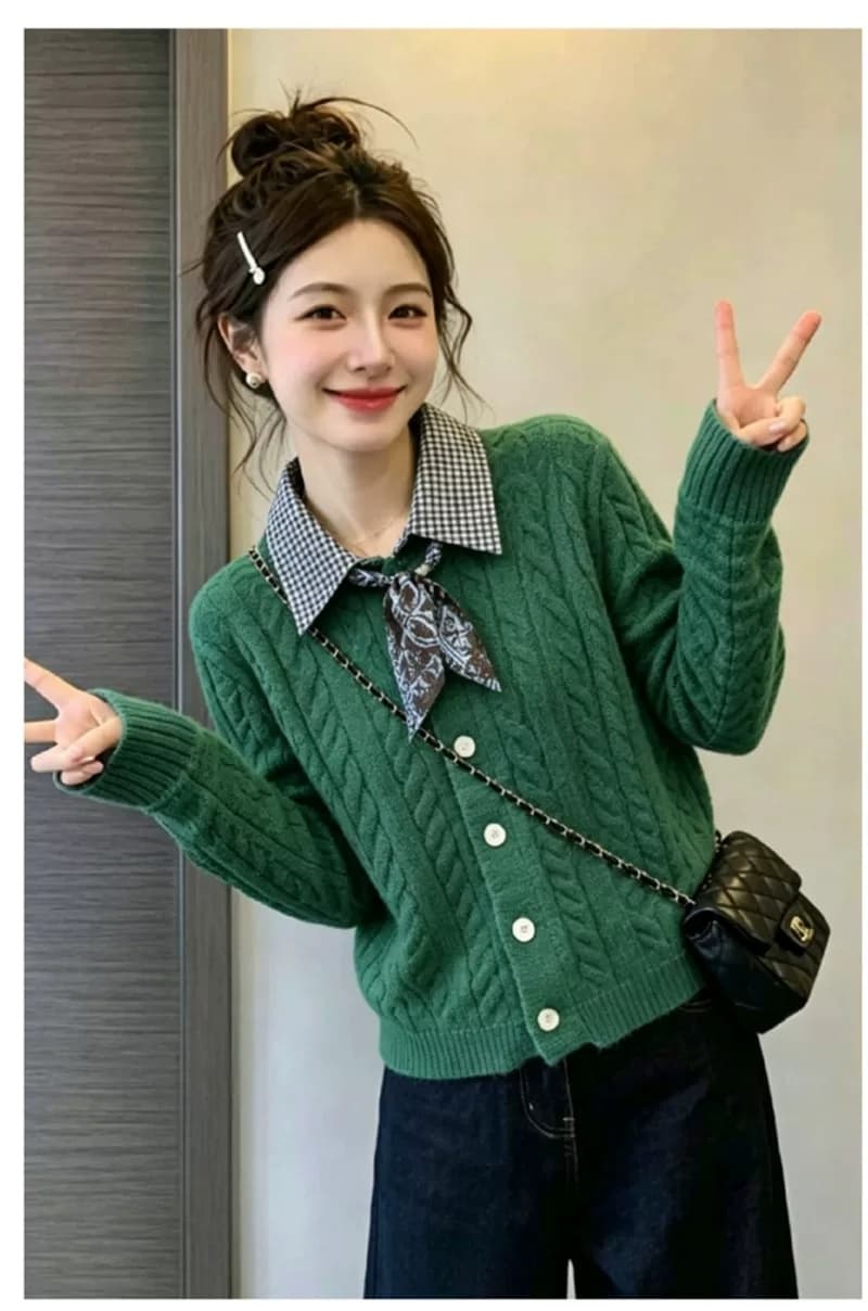 아메리칸 학원 스타일 니트 오픈 가디건 여성 가을 새로운 몸매 가꾸기 배색 페이크 레이어드 스웨터 코트 맨위 이미지 3