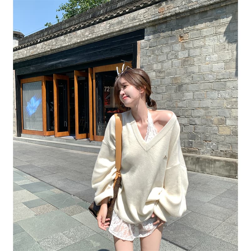 가을 겨울 의류 새로운 빅 사이즈 여성 의류 한국 스타일 느긋한 바람 V넥 니트 스웨터 부서 루즈핏 다용도 달콤함 맨위 상세 이미지 2