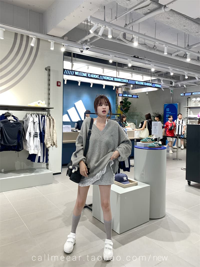 가을 겨울 의류 새로운 빅 사이즈 여성 의류 한국 스타일 느긋한 바람 V넥 니트 스웨터 부서 루즈핏 다용도 달콤함 맨위 상세 이미지 3