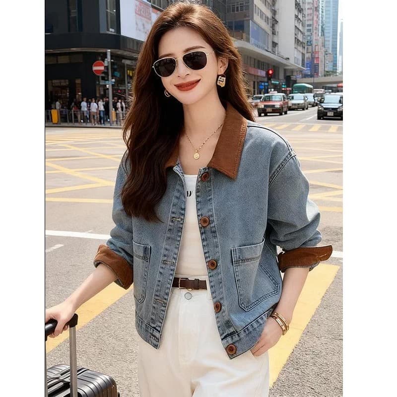 홍콩 느낌 폴로 칼라 쇼트 스타일 데님 여성 코트 한 부서 봄 가을 새로운 작은 키 배색 패치워크 외국 가스 맨위 재킷 이미지 4