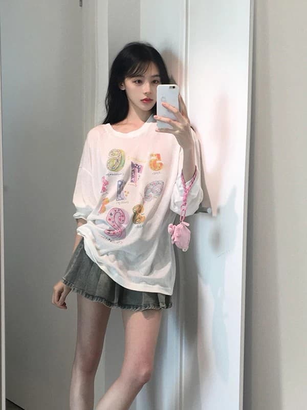 tee 망고 한 부서 귀여운 재미있는 만화 숫자 프린트 화이트 긴팔 블라우스 여성 여름 달콤함 맨위 이미지 2