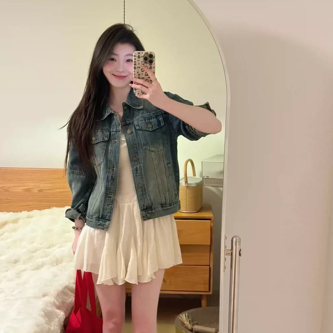 레트로 쇼트 스타일 데님 여성 코트 2026 새로운 봄 작은 키 캐주얼 폴로 칼라 재킷 카우보이 의류 트렌디