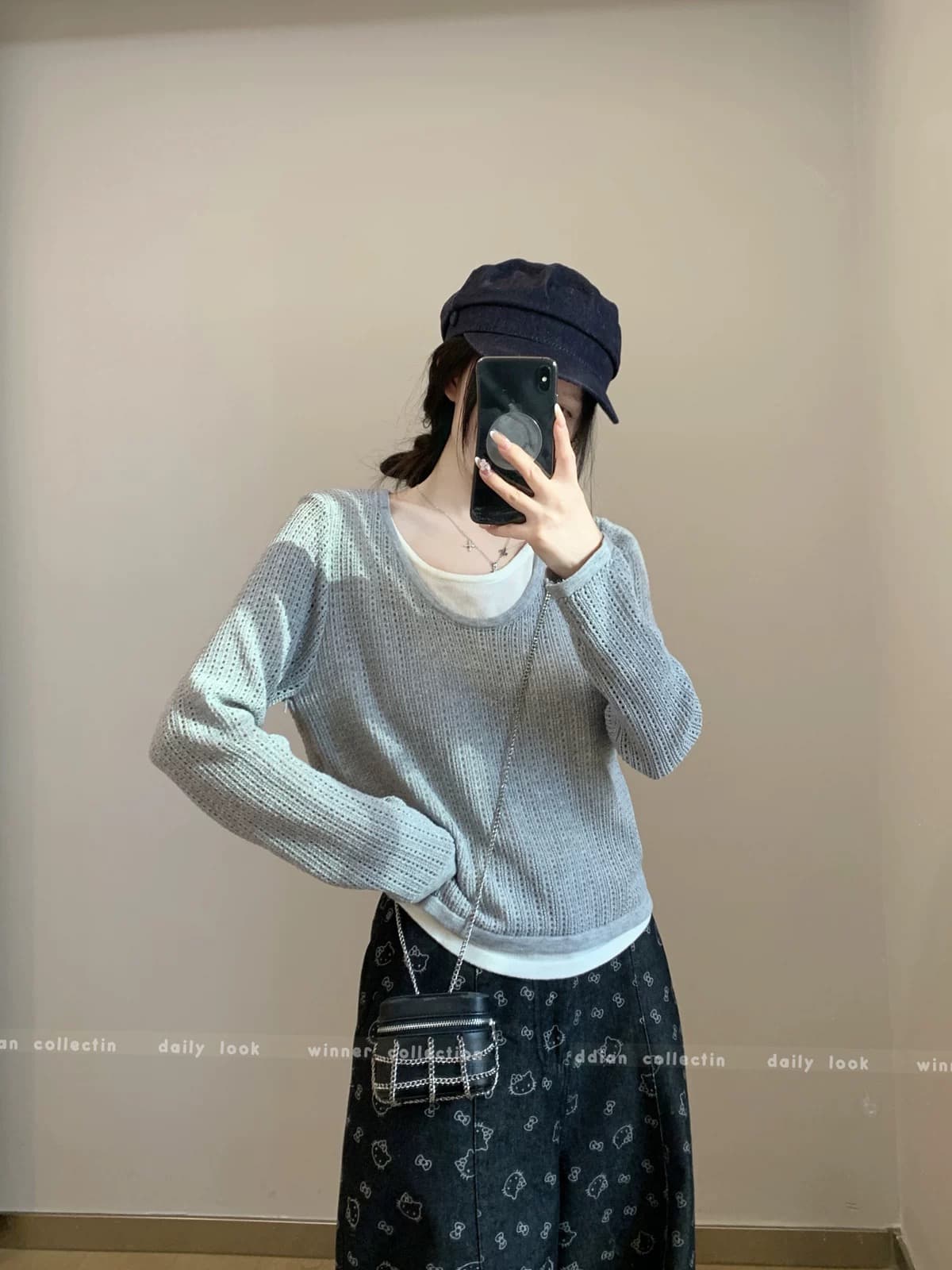 봄 가을 한국 스타일 라운드 넥 페이크 레이어드 홀로우 아웃 디자인 긴팔 니트 기본 셔츠 여성 스웨터 상세 이미지 4