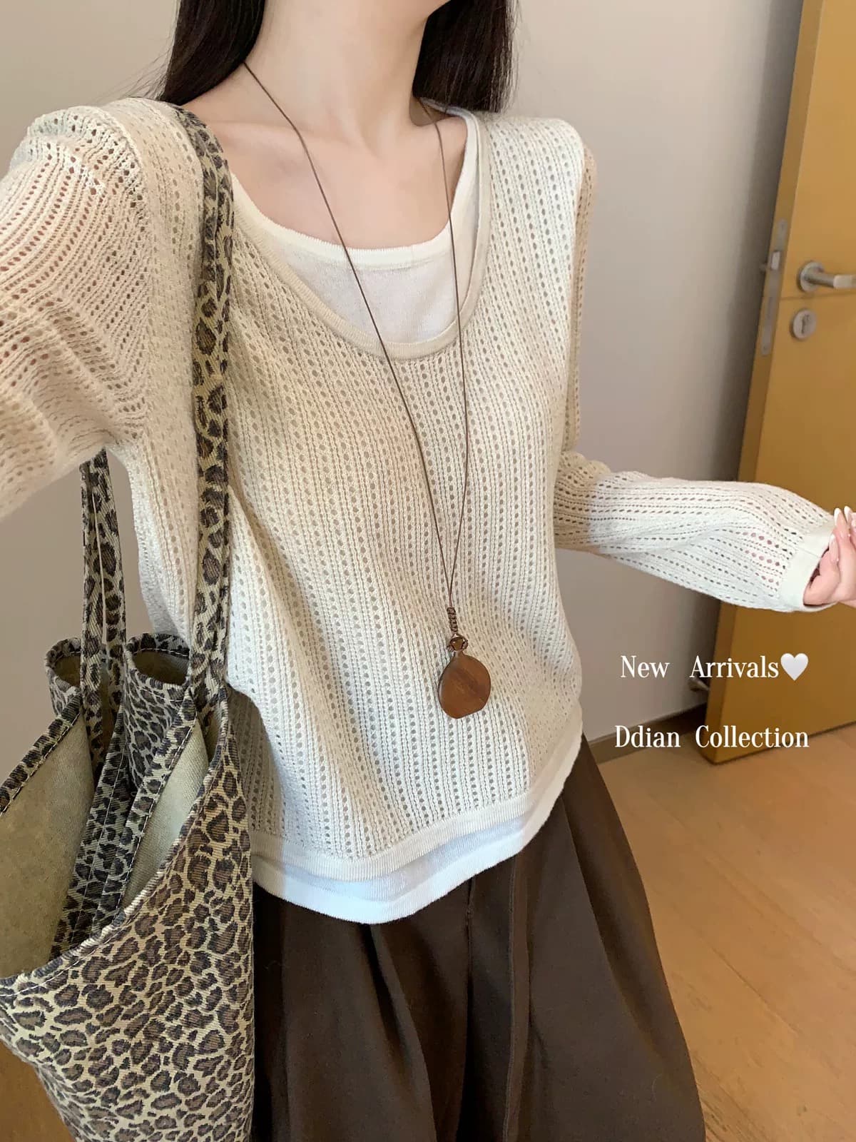 봄 가을 한국 스타일 라운드 넥 페이크 레이어드 홀로우 아웃 디자인 긴팔 니트 기본 셔츠 여성 스웨터 상세 이미지 12