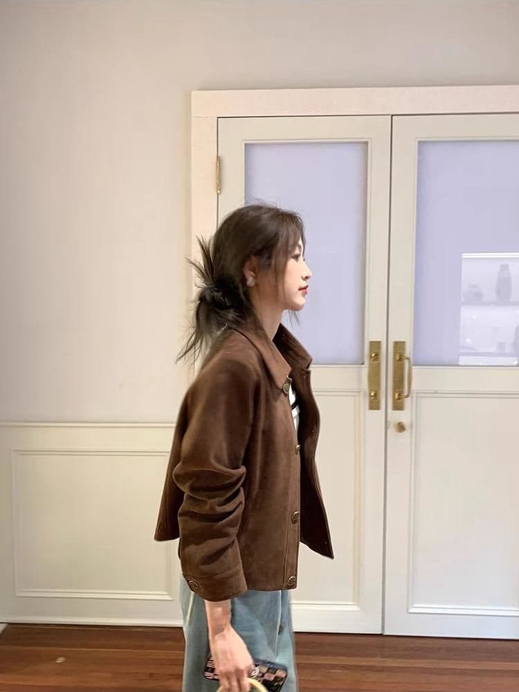 아름다움 라드. 스웨이드 원단 재킷 여성 짧은 2026 봄 가을 새로운 레트로 루즈핏 작은 키 얇은 스타일 재킷 맨위 이미지 2