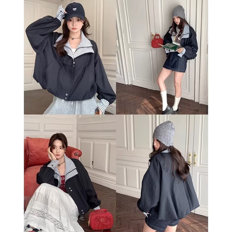 배색 체크무늬 페이크 레이어드 재킷 맨위 여성 가을 2025 새로운 아메리칸 달콤한 차가운 바람 폴로 칼라 재킷 이미지 2