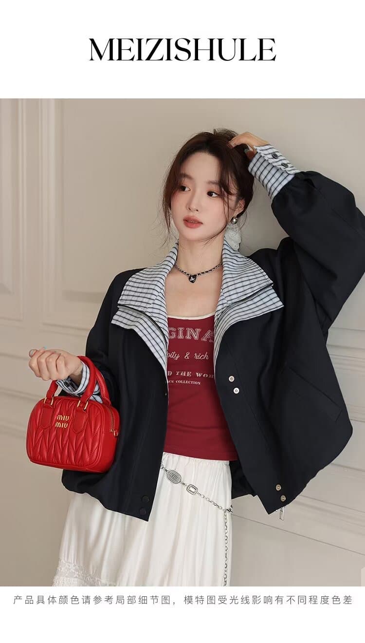 배색 체크무늬 페이크 레이어드 재킷 맨위 여성 가을 2025 새로운 아메리칸 달콤한 차가운 바람 폴로 칼라 재킷 상세 이미지 1