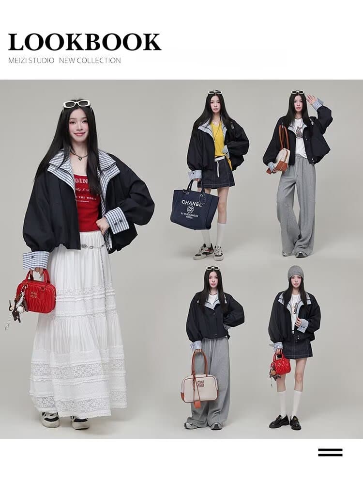 배색 체크무늬 페이크 레이어드 재킷 맨위 여성 가을 2025 새로운 아메리칸 달콤한 차가운 바람 폴로 칼라 재킷 상세 이미지 2