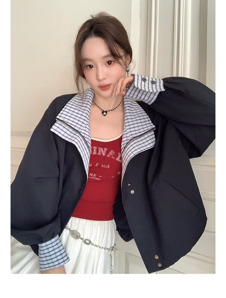 배색 체크무늬 페이크 레이어드 재킷 맨위 여성 가을 2025 새로운 아메리칸 달콤한 차가운 바람 폴로 칼라 재킷 상세 이미지 13