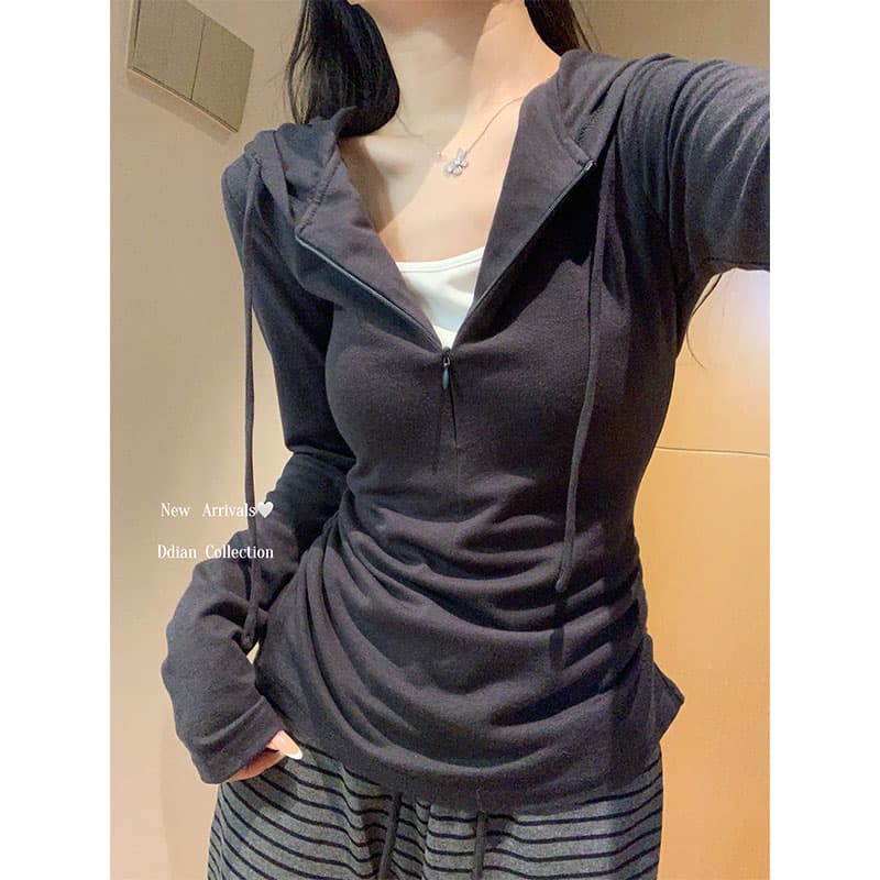 플러스 인사이드 펌프 한 부서 페이크 레이어드 하프 지퍼 후드 긴팔 티셔츠 가을 몸매 가꾸기 맨위 이미지 4