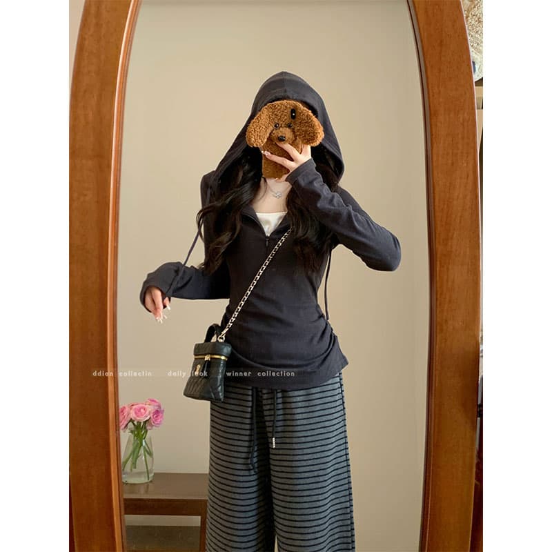 플러스 인사이드 펌프 한 부서 페이크 레이어드 하프 지퍼 후드 긴팔 티셔츠 가을 몸매 가꾸기 맨위 이미지 2