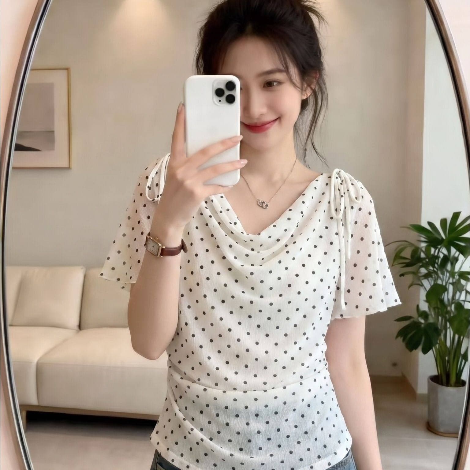 프랑스식 도트 무늬 V넥 레이스업 허리 수축 맨위 여성 여름 슬림해 보이는 품격 휴가 바람 패션 연령 감소 착용 가져 가라. 작은 키 이미지 5