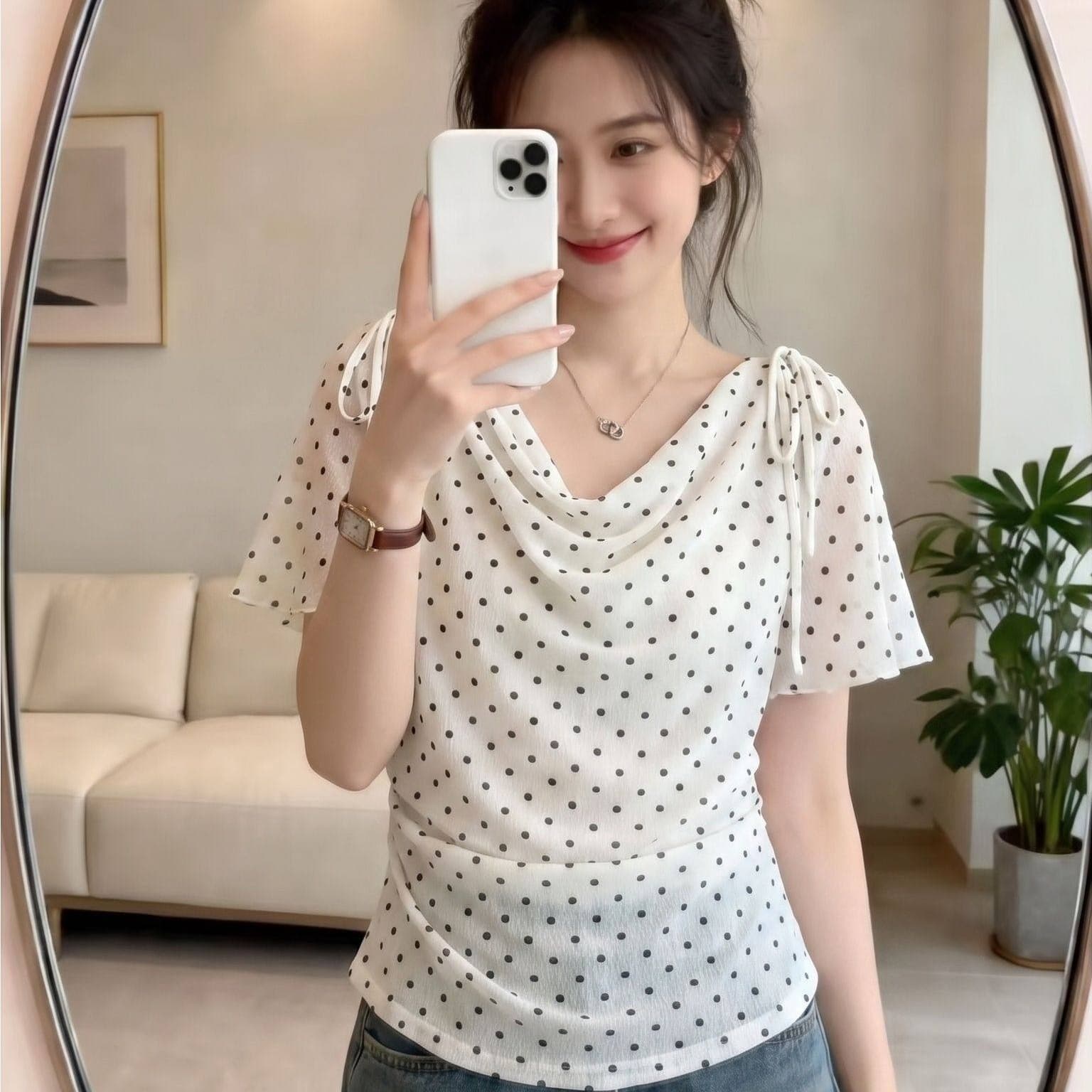 프랑스식 도트 무늬 V넥 레이스업 허리 수축 맨위 여성 여름 슬림해 보이는 품격 휴가 바람 패션 연령 감소 착용 가져 가라. 작은 키 이미지 3