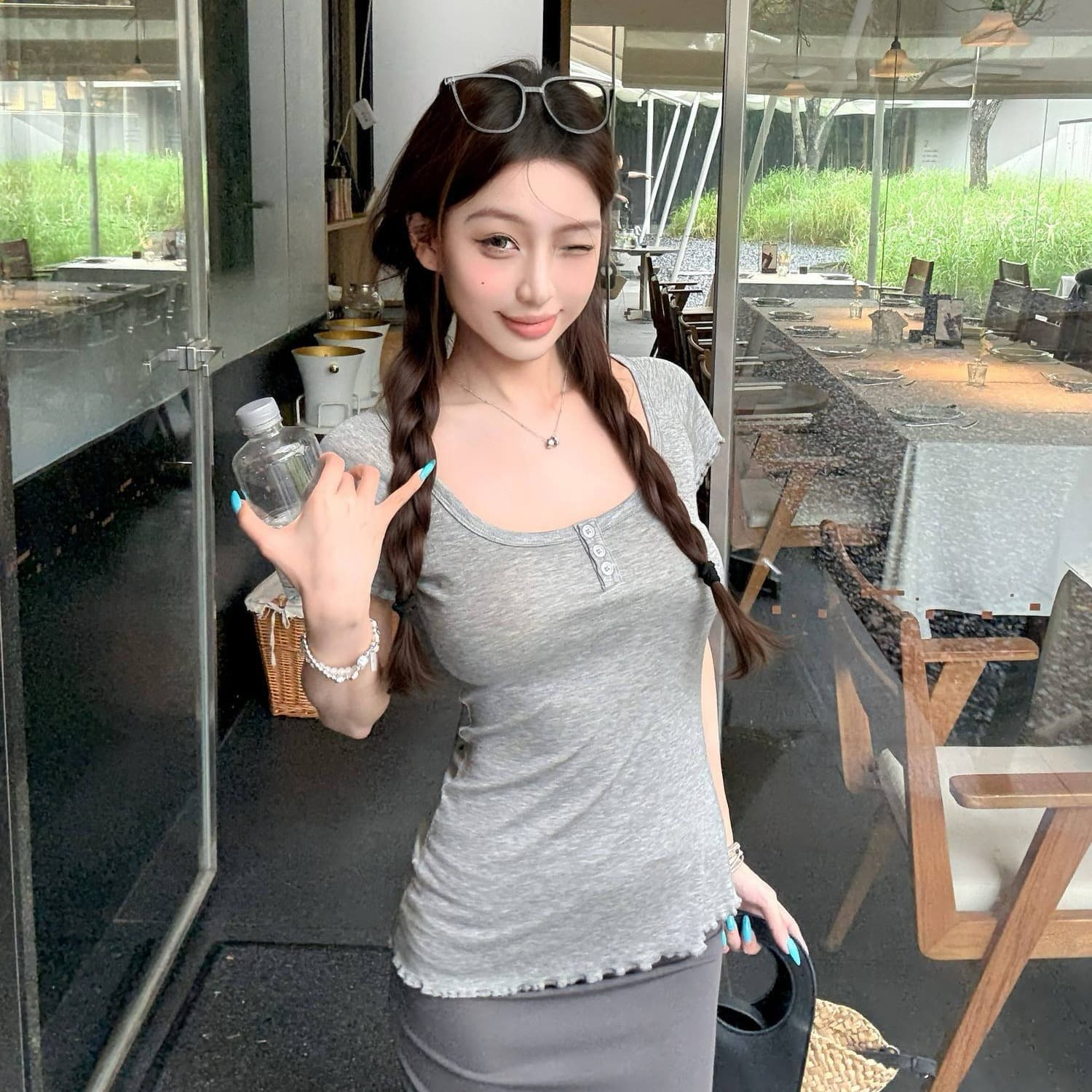 프릴 몸매 가꾸기 대 u 칼라 반팔 티셔츠 여름 꼬집기 허리 작은 날다 소매 맨위 이미지 3