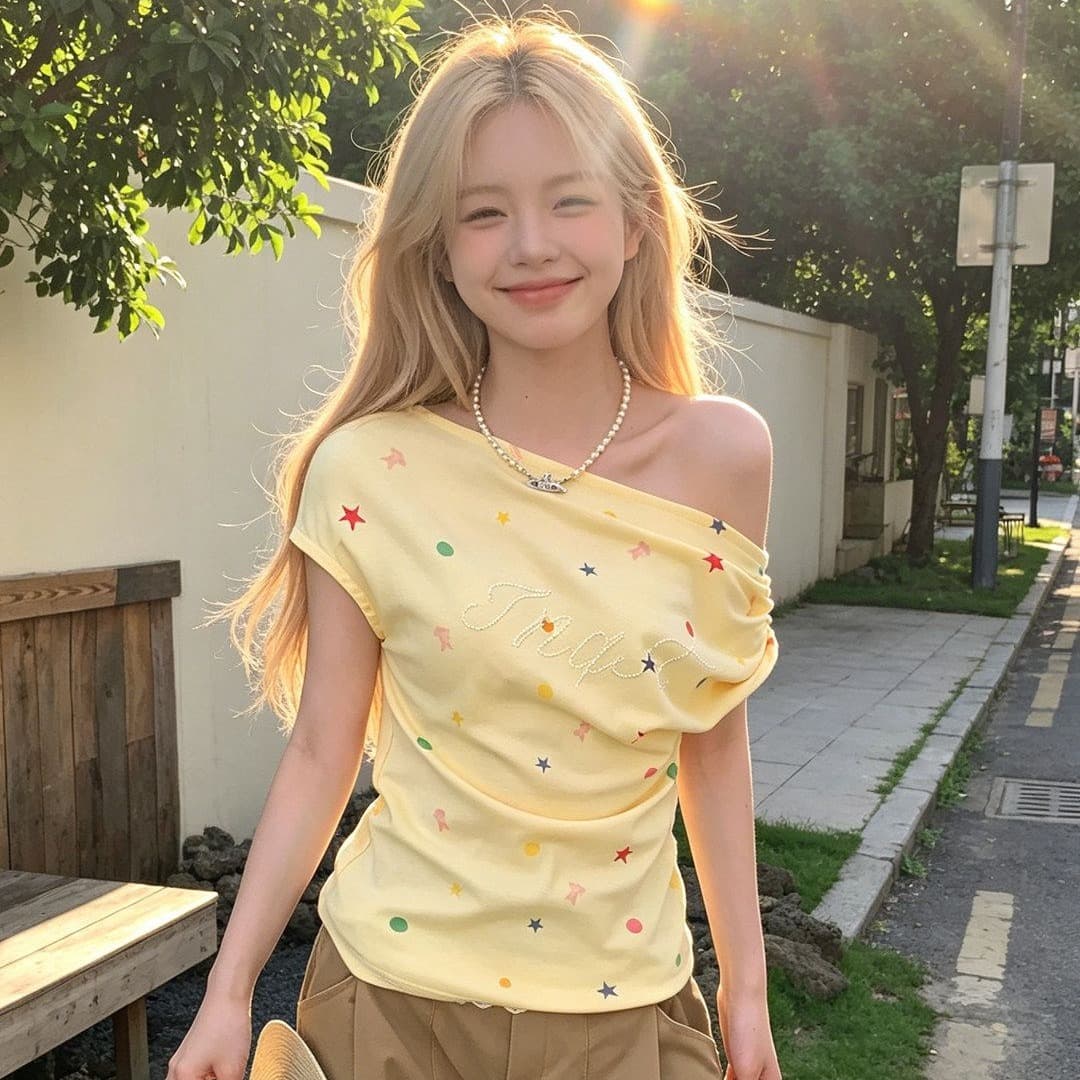 색상 별 프린트 비스듬한 어깨 반팔 티셔츠 여성 오프숄더 맨위