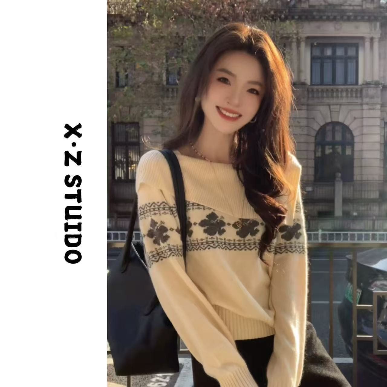 공정한 섬 불규칙 폴로 칼라 자카드 스웨터 여자 2026 새로운 이른 봄 고유 한 슈퍼 잘 생긴 맨위 이미지 3