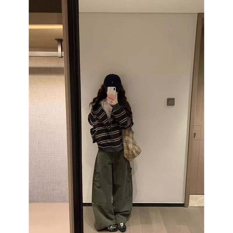 배색 스트라이프 지퍼 후드 스웨터 오픈 가디건 여성 가을 겨울철 두꺼운 보온 느긋한 바람 고급 센스 니트 재킷 상세 이미지 4