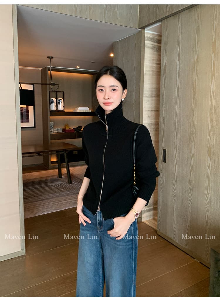 가을 겨울 두꺼운 카디건 여성 터틀넥 지퍼 스웨터 오픈 가디건 폴로 칼라 느긋한 루즈핏 양모 니트 맨위 재킷 상세 이미지 23