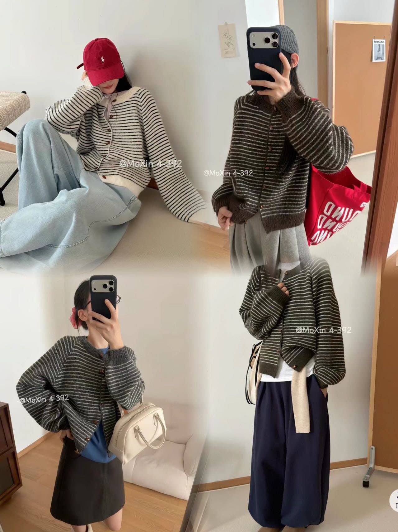 한 부서 배색 클래식 스트라이프 소뿔 버클 니트 오픈 가디건 여성 루즈핏 느긋한 바람 라운드 넥 부드러운 찹쌀 스웨터 코트 상세 이미지 5