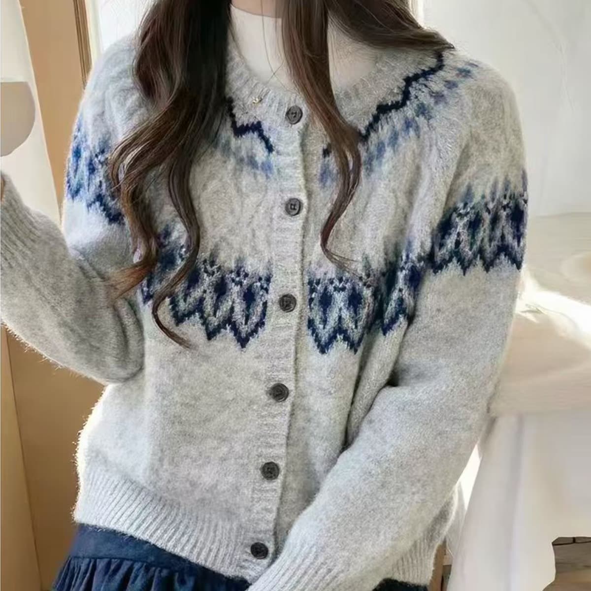 26 북유럽 공정한 섬 자카드 니트 오픈 가디건 여성 가을 겨울 레트로 부드러운 바람 루즈핏 두꺼운 스웨터 이미지 4