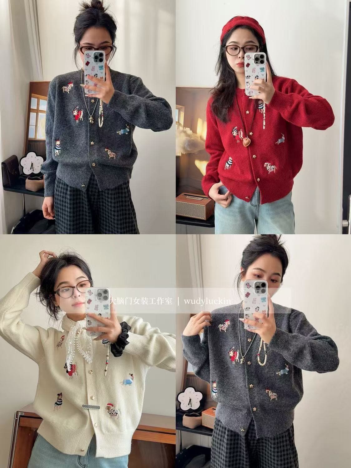 가을 겨울 여자 장난기 넘치는 만화 강아지 자수 패치워크 색상 라운드 넥 스웨터 코트 캐주얼 연령 감소 양모 니트 오픈 가디건 이미지 4