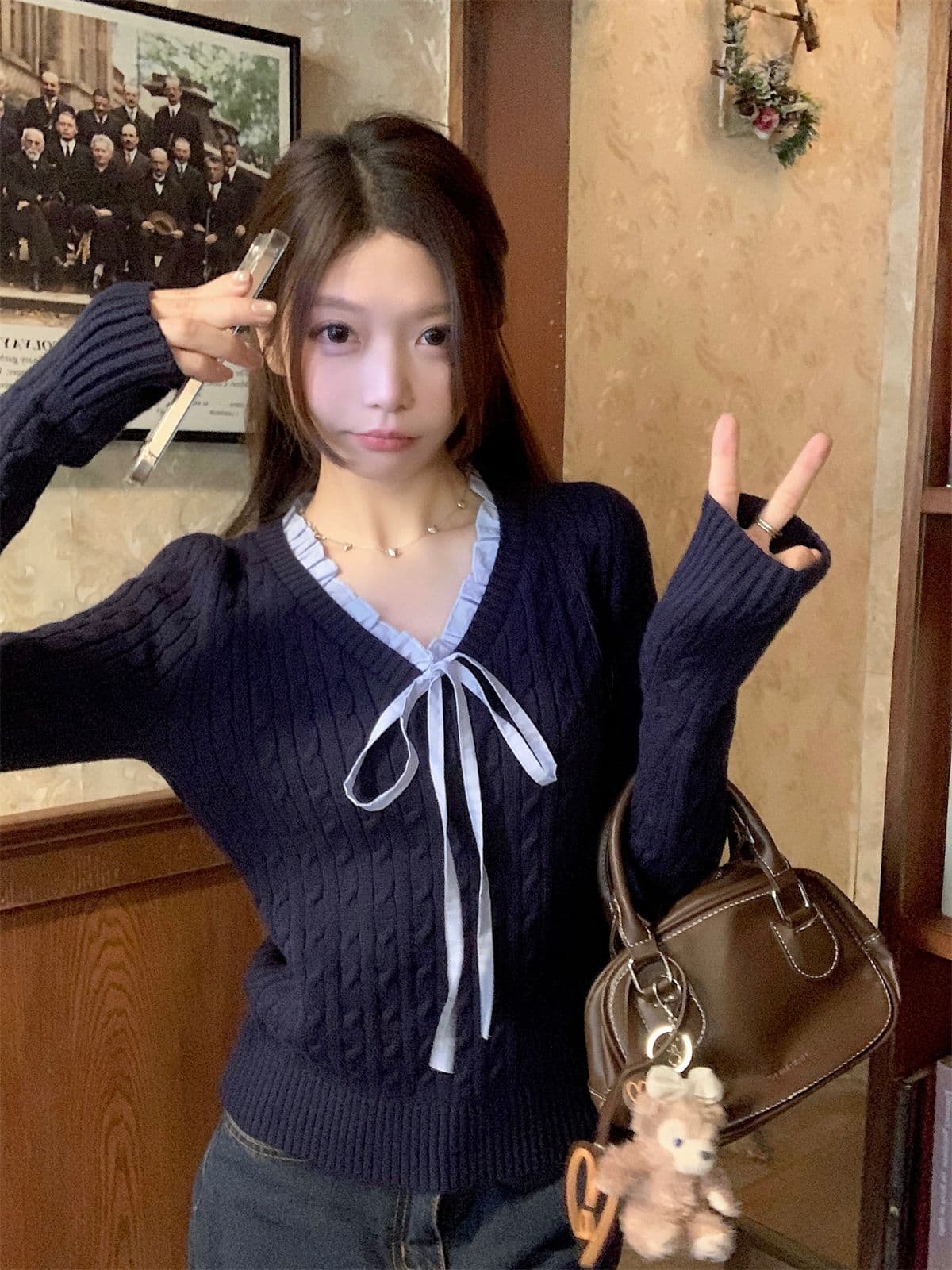 학원 스타일 V넥 패치워크 꽈배기 디자인 니트 스웨터 여성 긴 소매 가을과 겨울 스트랩 풀오버 만나는 맨위 상세 이미지 1