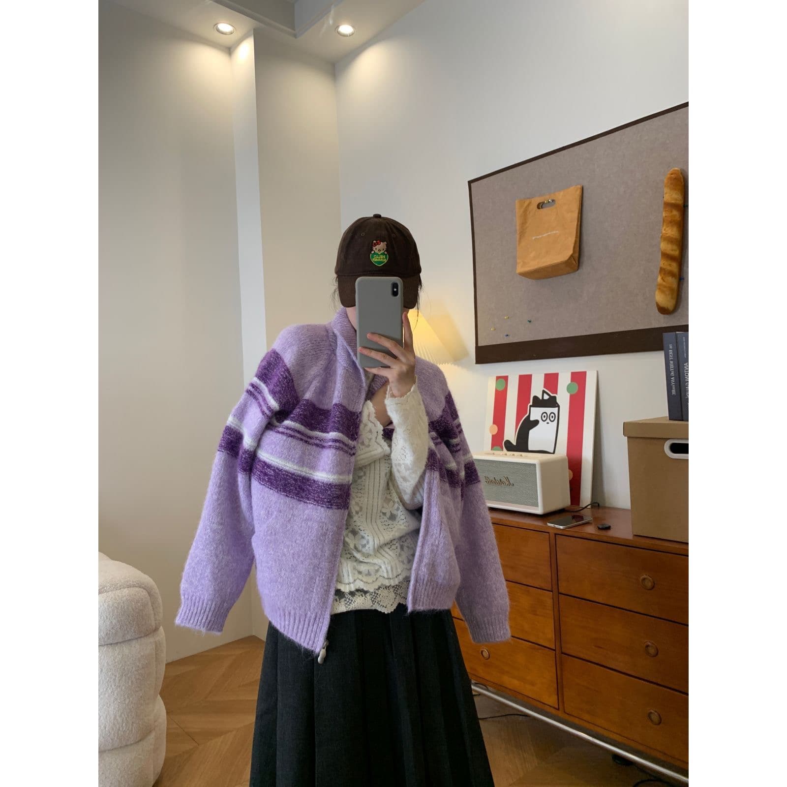 레트로 양모 스트라이프 배색 루즈핏 니트 오픈 가디건 여성 가을 겨울 새로운 슬림해 보이는 다용도 느긋한 바람 지퍼 재킷 상세 이미지 4