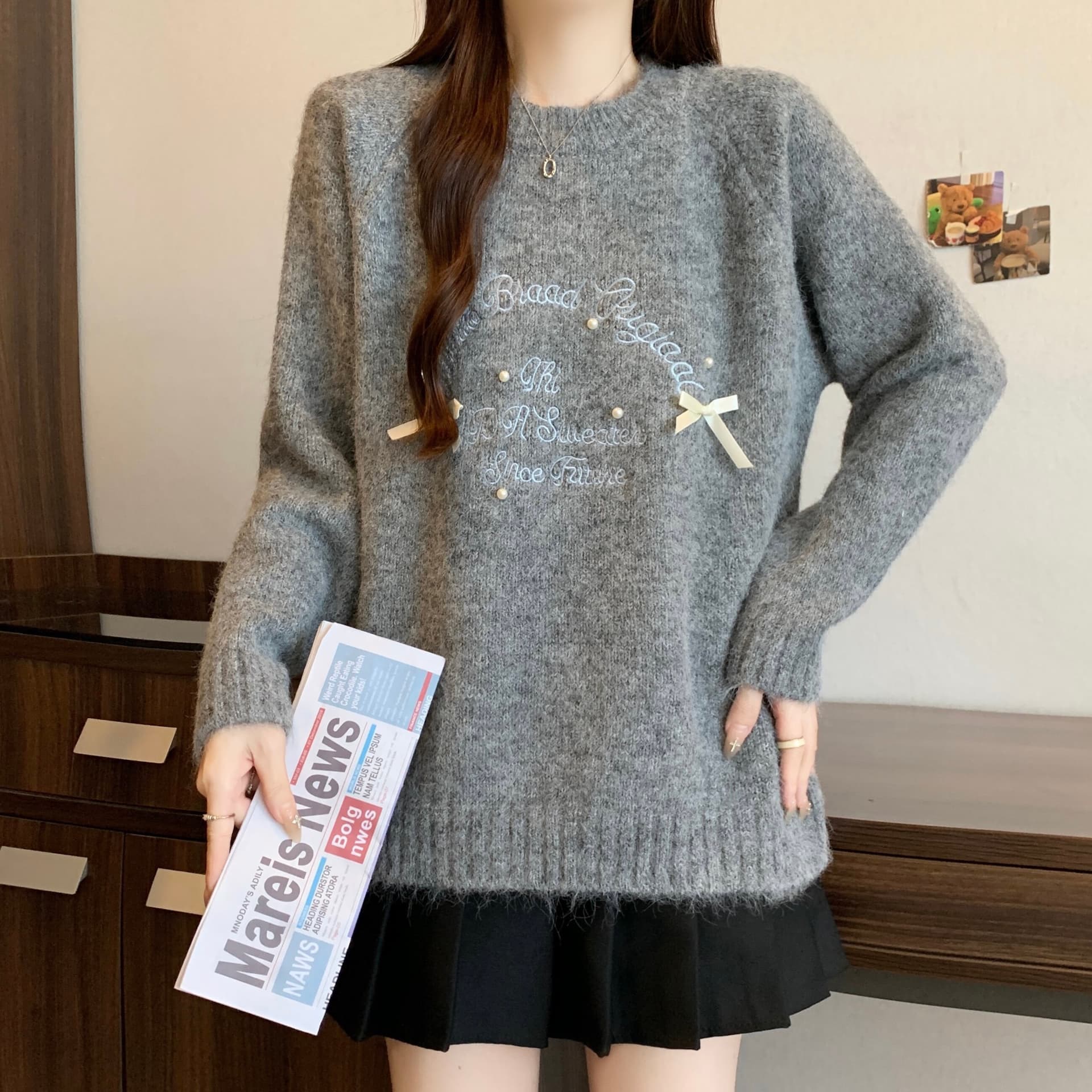한 부서 달콤함 연령 감소 나비 매듭 니트 스웨터 여성 가을 겨울 빅 사이즈 지방 mm 슬림해 보이는 디자인 센스 인사이드 가져 가라. 풀오버 이미지 2