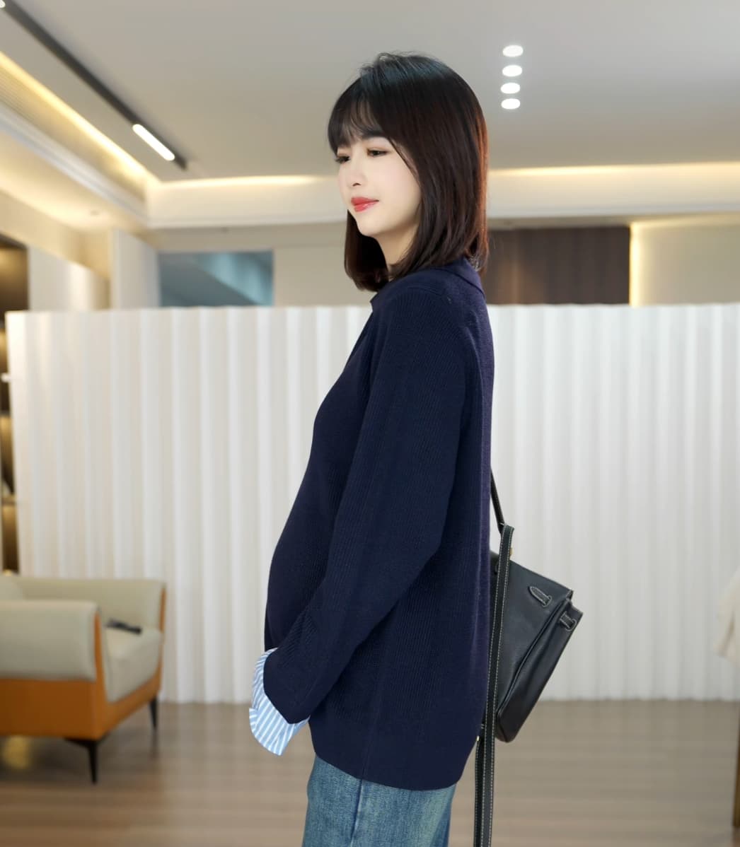 POLO 칼라 패치워크 스트라이프 풀오버 니트 가을 새로운 페이크 레이어드 털 긴팔 임산부 니트 스웨터 상세 이미지 8