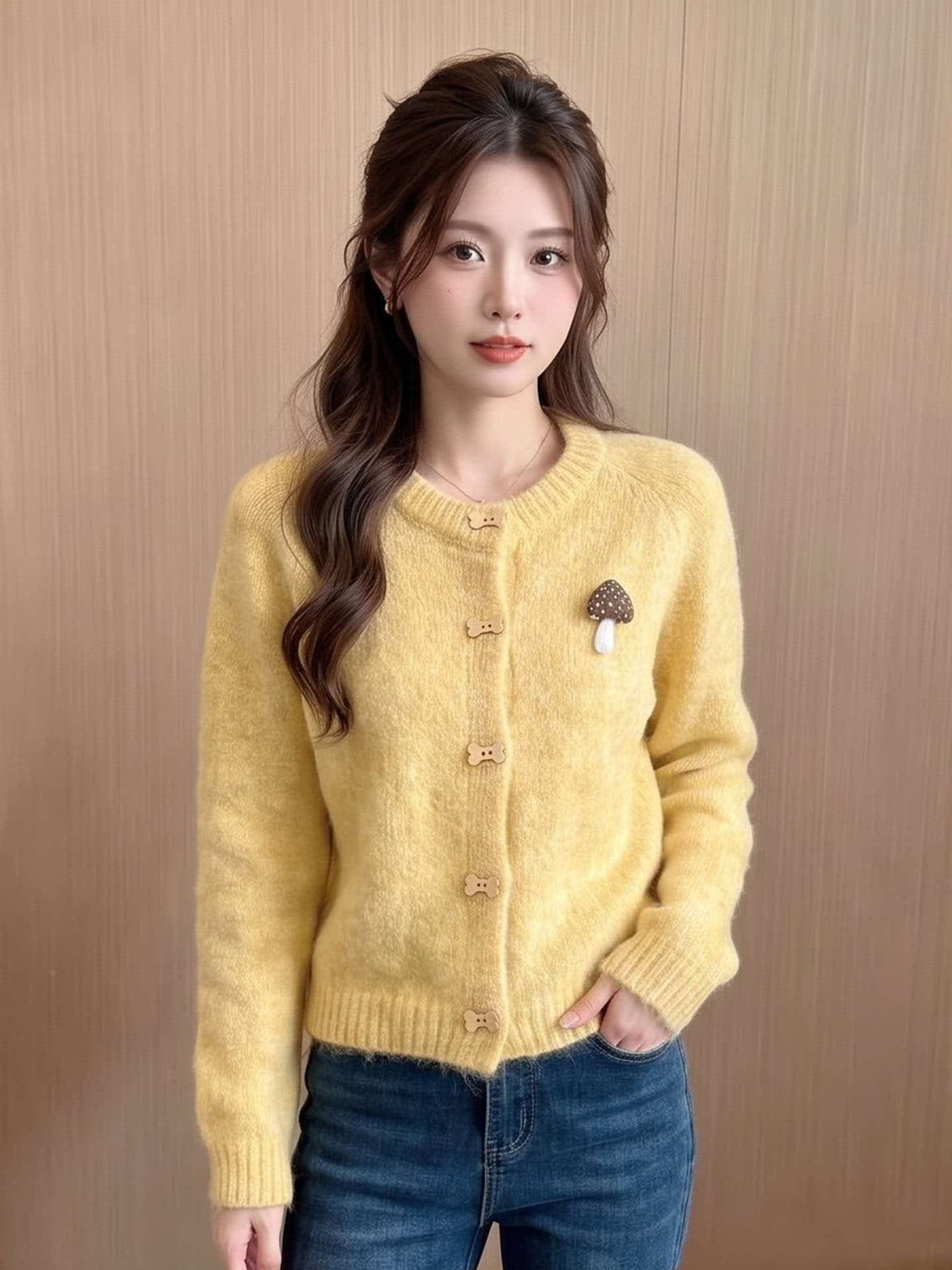 가을 겨울 버섯 디자인 센스 느긋한 바람 스웨터 여성 코트 루즈핏 다용도 니트 오픈 가디건 짧은 맨위