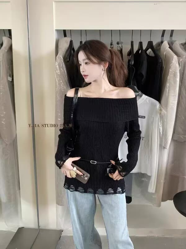 프랑스식 오프숄더 스웨터 여자 이른 가을 몸매 가꾸기 슬림해 보이는 느긋한 바람 부드러운 찹쌀 인사이드 가져 가라. 니트 기본 셔츠 맨위