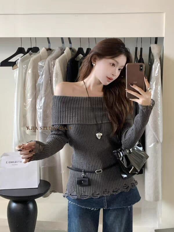 프랑스식 오프숄더 스웨터 여자 이른 가을 몸매 가꾸기 슬림해 보이는 느긋한 바람 부드러운 찹쌀 인사이드 가져 가라. 니트 기본 셔츠 맨위 이미지 2