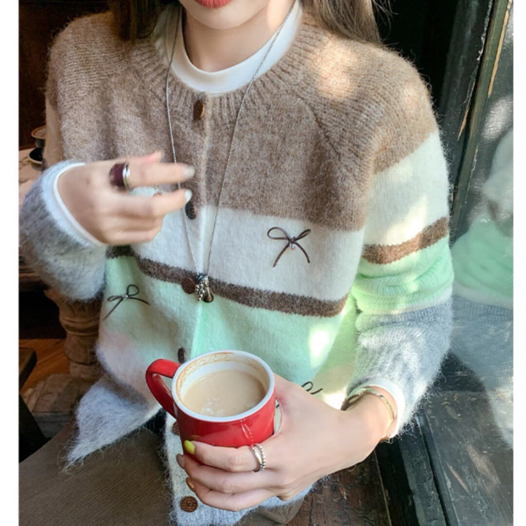 한 부서 배색 스트라이프 스웨터 오픈 가디건 여성 가을 겨울철 루즈핏 느긋한 니트 재킷 맨위 두꺼운 이미지 2