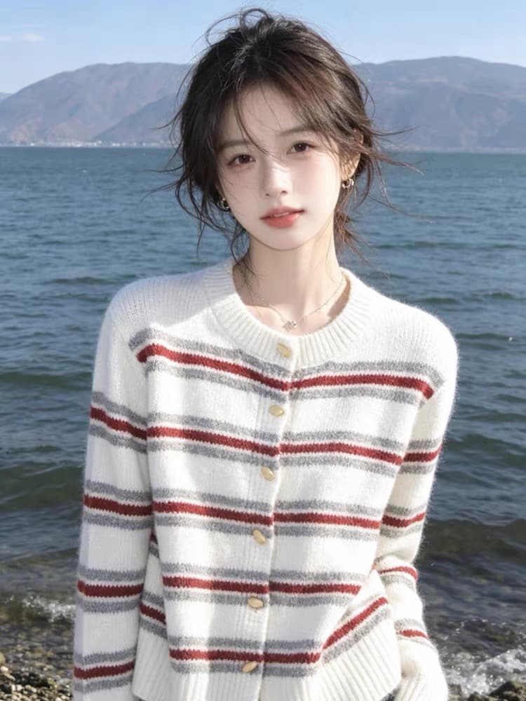 스웨터 니트 오픈 가디건 여성 가을 2026 캐주얼 느긋한 느슨함 바람 빛 요리 한 자이언트 잘 생긴 도파민 스트라이프 맨위 상세 이미지 1