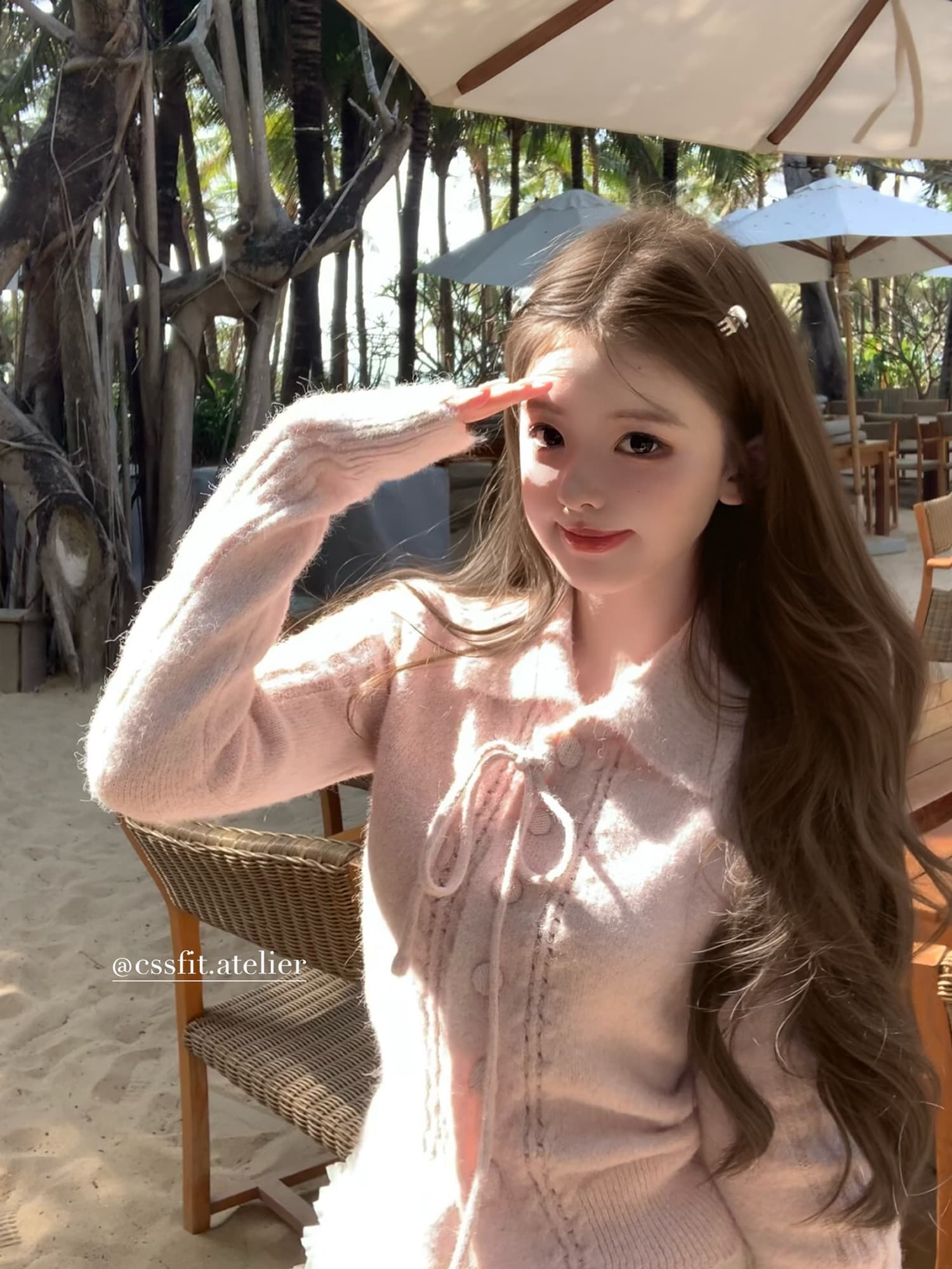 핑크색 허리 수축 레이스업 나비 매듭 홀로우 아웃 부드러운 양모 오픈 가디건 상세 이미지 1
