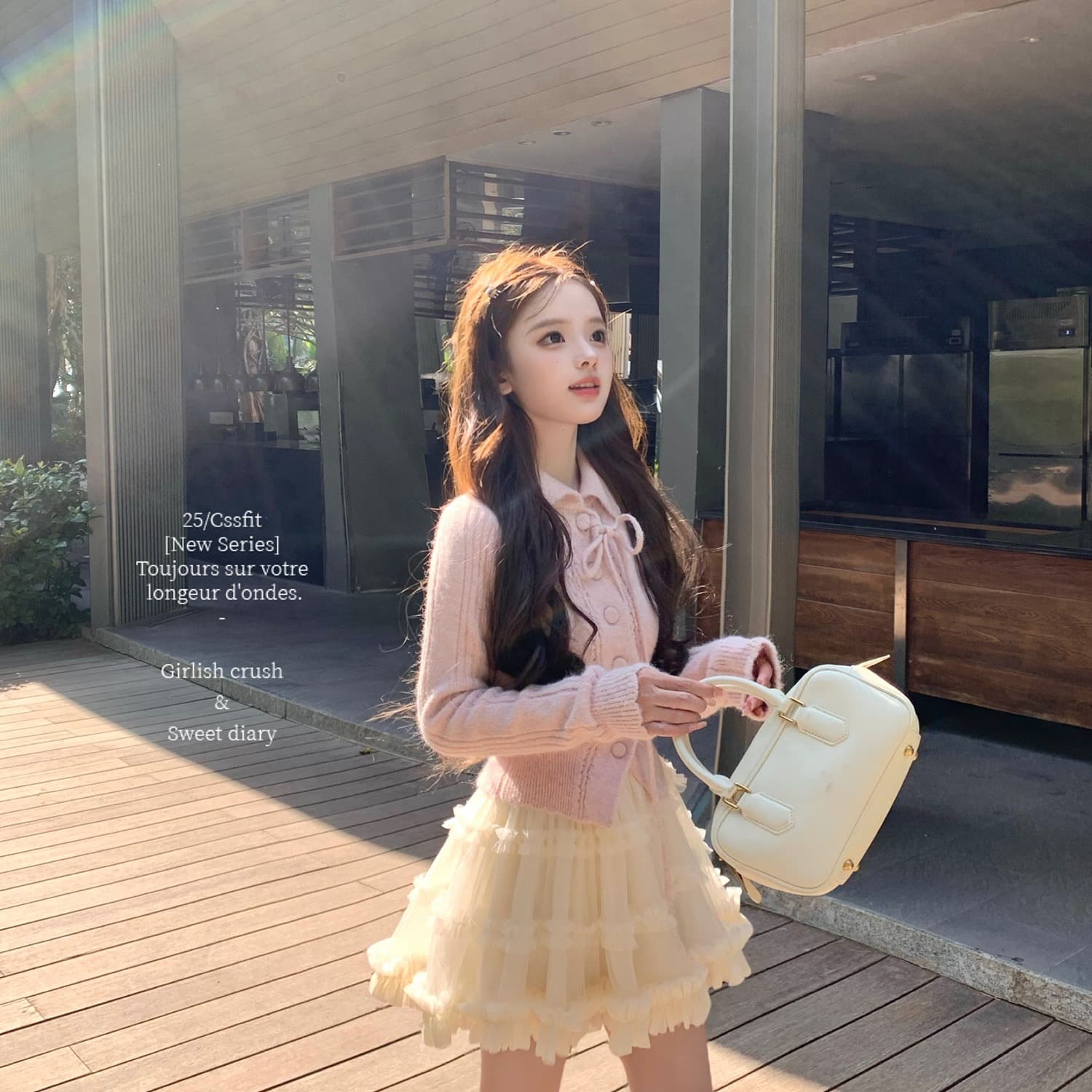 핑크색 허리 수축 레이스업 나비 매듭 홀로우 아웃 부드러운 양모 오픈 가디건 상세 이미지 4