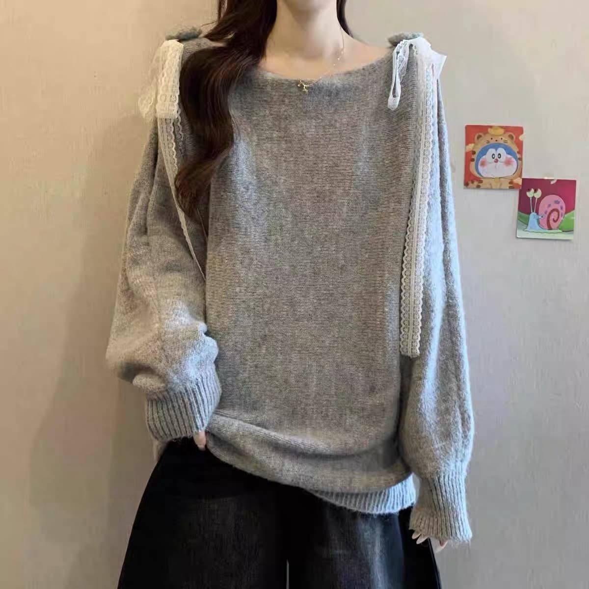 레이스 조각 레이스업 나비 매듭 오프숄더 스웨터 여자 가을 겨울 부드러운 찹쌀 느긋한 바람 루즈핏 슬림해 보이는 니트 스웨터 맨위 이미지 3