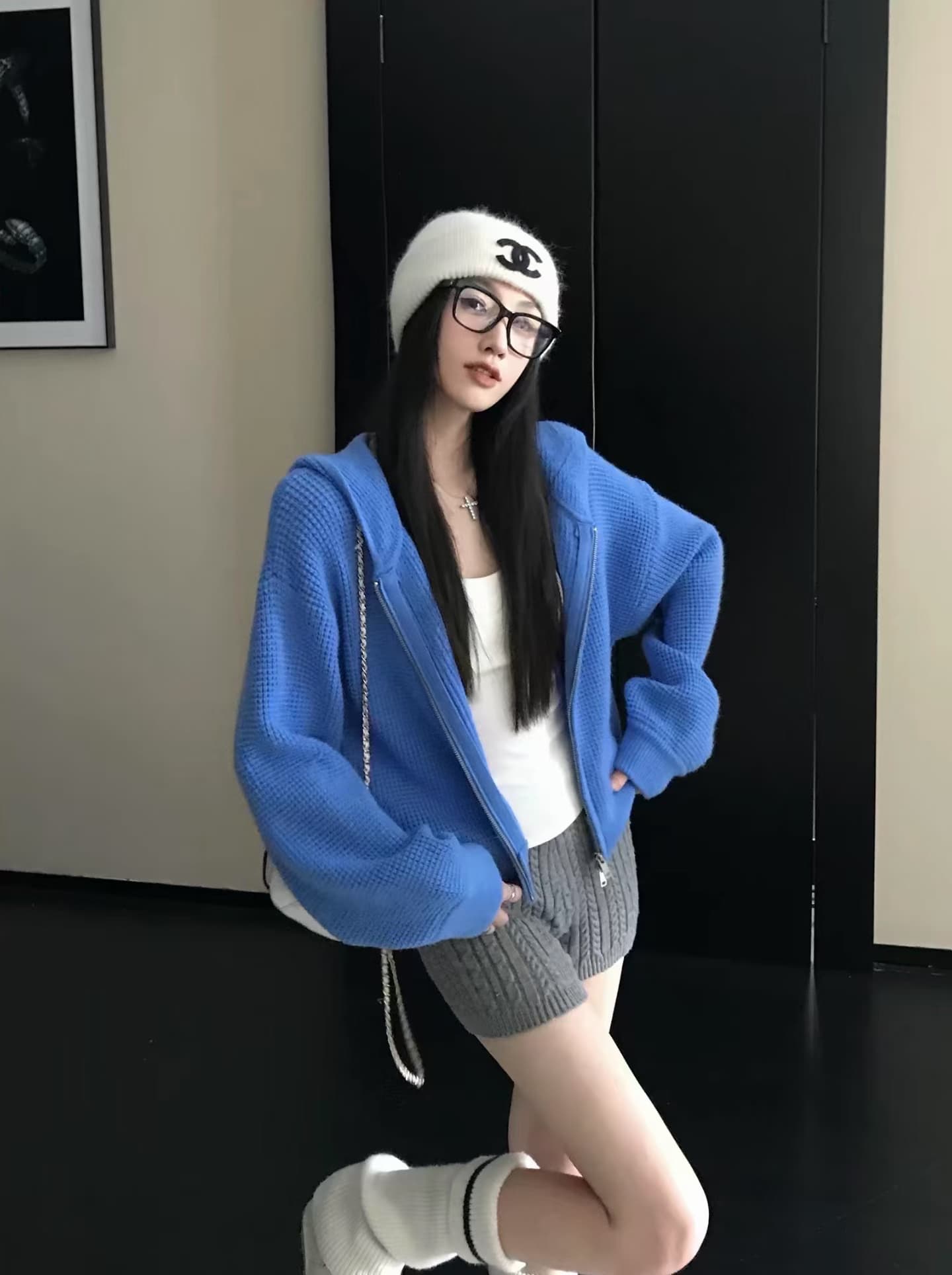 장 베이 베이 ibell 한 부서 루즈핏 슬림해 보이는 3 차원 후아 남편 그리드 후드 오픈 가디건 여성 레저 다용도 양모 재킷 상세 이미지 4