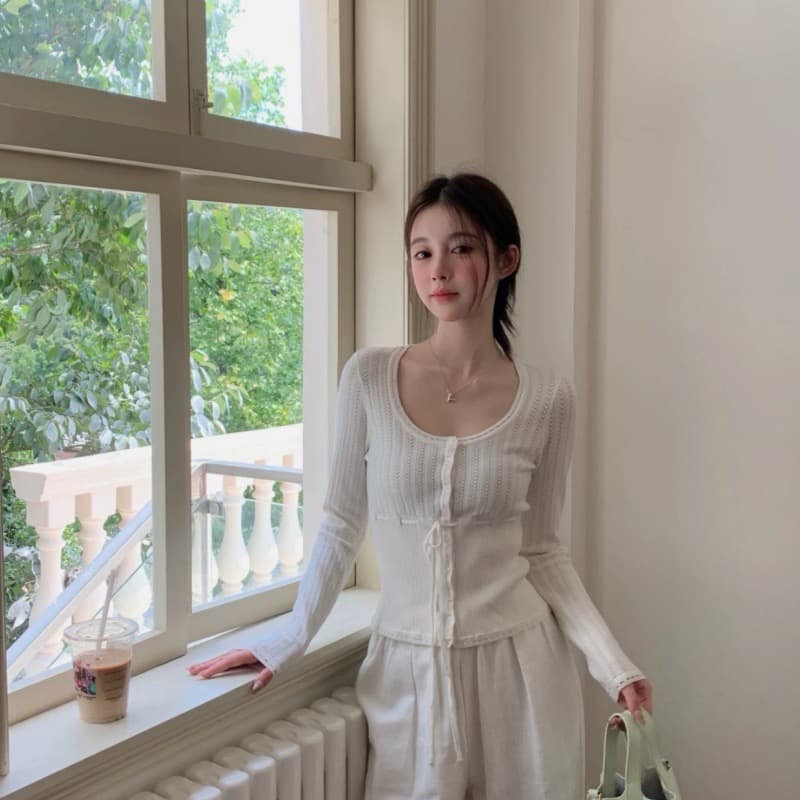 새로운 u 칼라 홀로우 아웃 레이스 단추 나비 매듭 라운드 넥 작은 열림 셔츠 허리 수축 레이스업 맨위 여성 상세 이미지 1