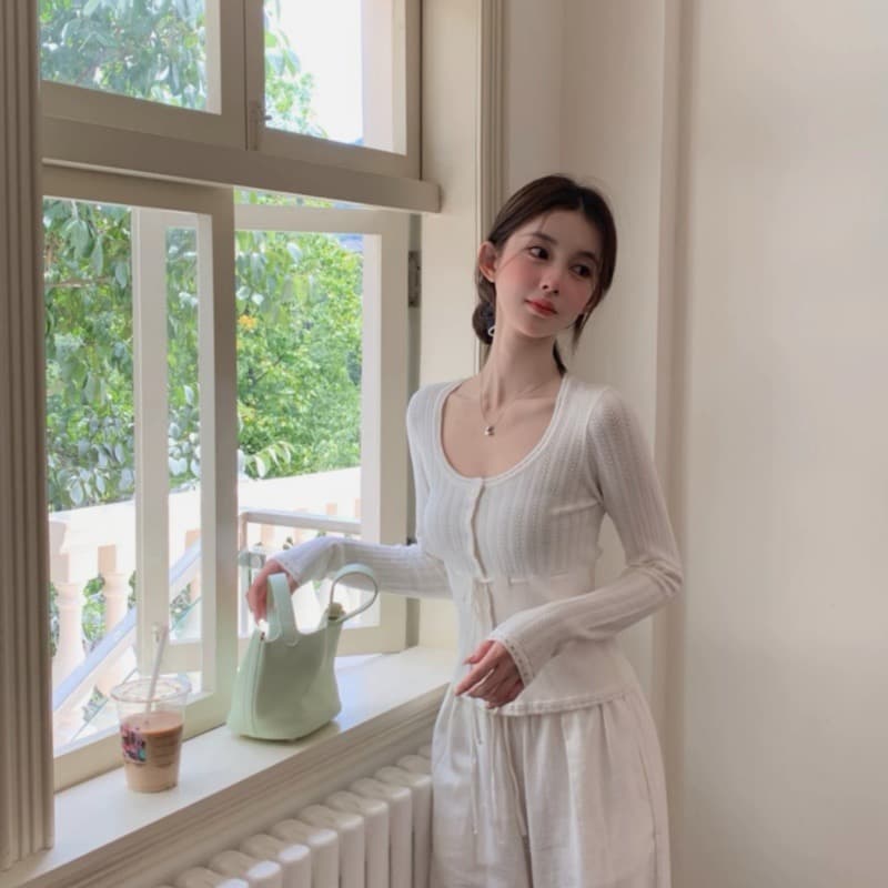 새로운 u 칼라 홀로우 아웃 레이스 단추 나비 매듭 라운드 넥 작은 열림 셔츠 허리 수축 레이스업 맨위 여성 상세 이미지 2