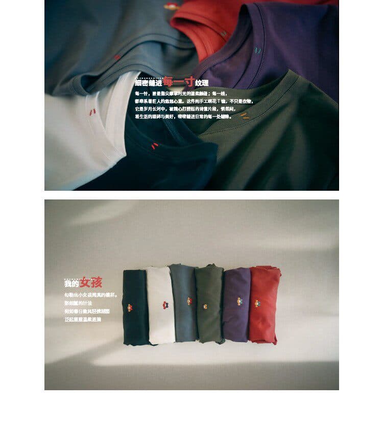 xianhuo 여름 드레스 자수 면 100% 자수 티셔츠 여성 여름 부드럽다 가벼움 문예 라운드 넥 반팔 맨위 트임 상세 이미지 6