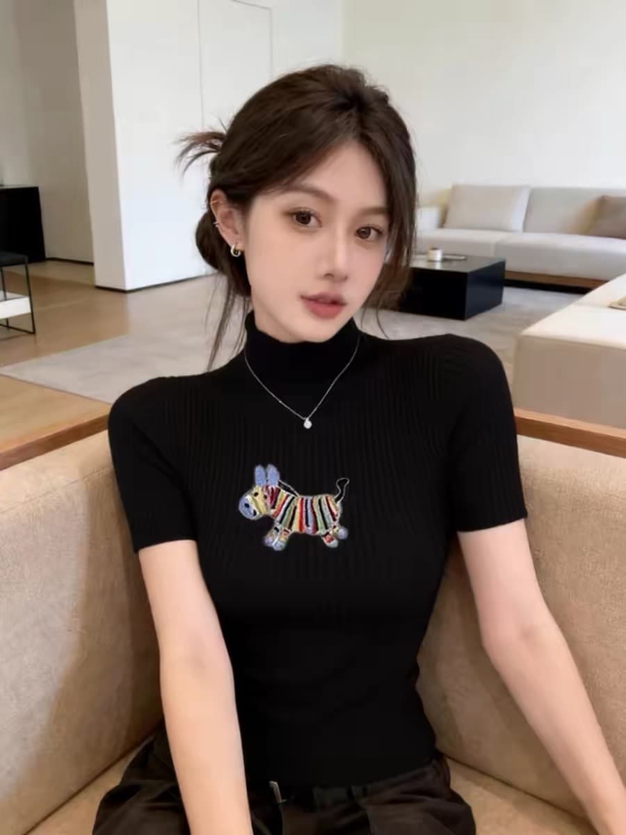 chic 이른 봄 검정색 작은 말 자수 반팔 티셔츠 여성 2026 새로운 몸매 가꾸기 슬림해 보이는 반하이넥 니트 맨위