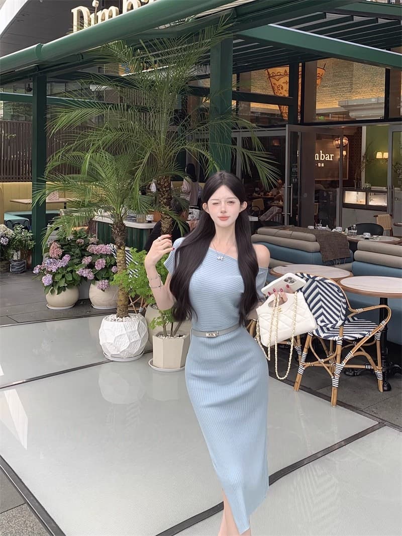 로얄 자매 바람 핑크색 비스듬한 어깨 반팔 여성 드레스 여름 니트 원피스 몸매 가꾸기 허리 수축 트임 치마 타이트 스커트 롱 스커트 상세 이미지 13