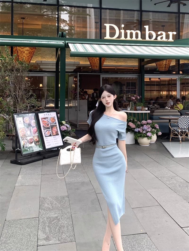 로얄 자매 바람 핑크색 비스듬한 어깨 반팔 여성 드레스 여름 니트 원피스 몸매 가꾸기 허리 수축 트임 치마 타이트 스커트 롱 스커트 상세 이미지 17